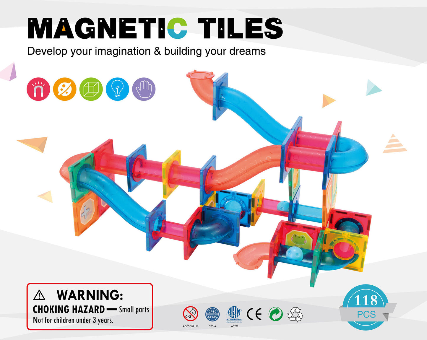 118 Pcs non-toxic STEM Educational, Durable Magnetic Tiles/Puzzle with Storage Bag - Bubbie and Bear