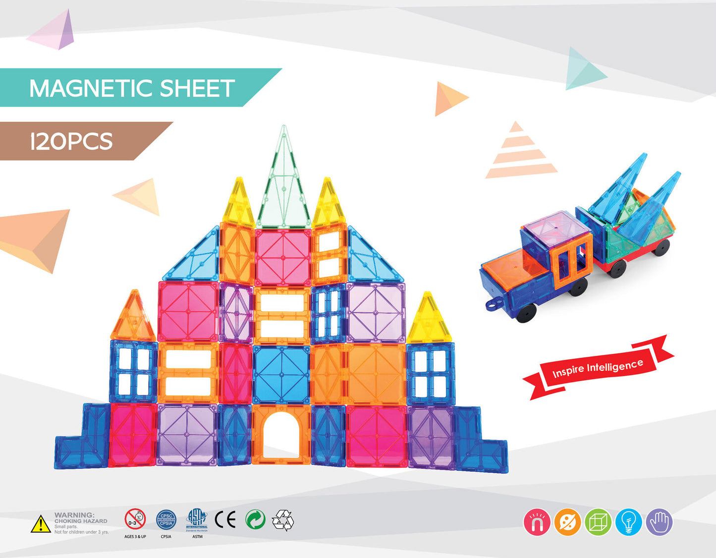 120 Pcs non-toxic STEM Educational, Durable Magnetic Tiles/Puzzle with Storage Bag - Bubbie and Bear