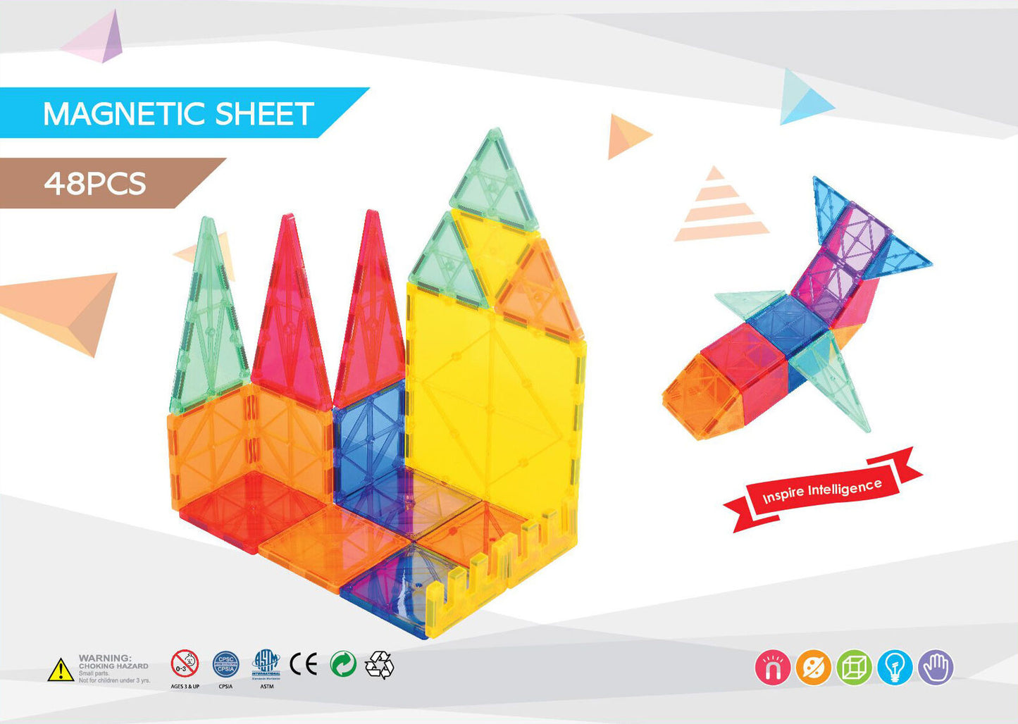 48 Pcs non-toxic STEM Educational, Durable Magnetic Tiles/Puzzle with Storage Bag - Bubbie and Bear