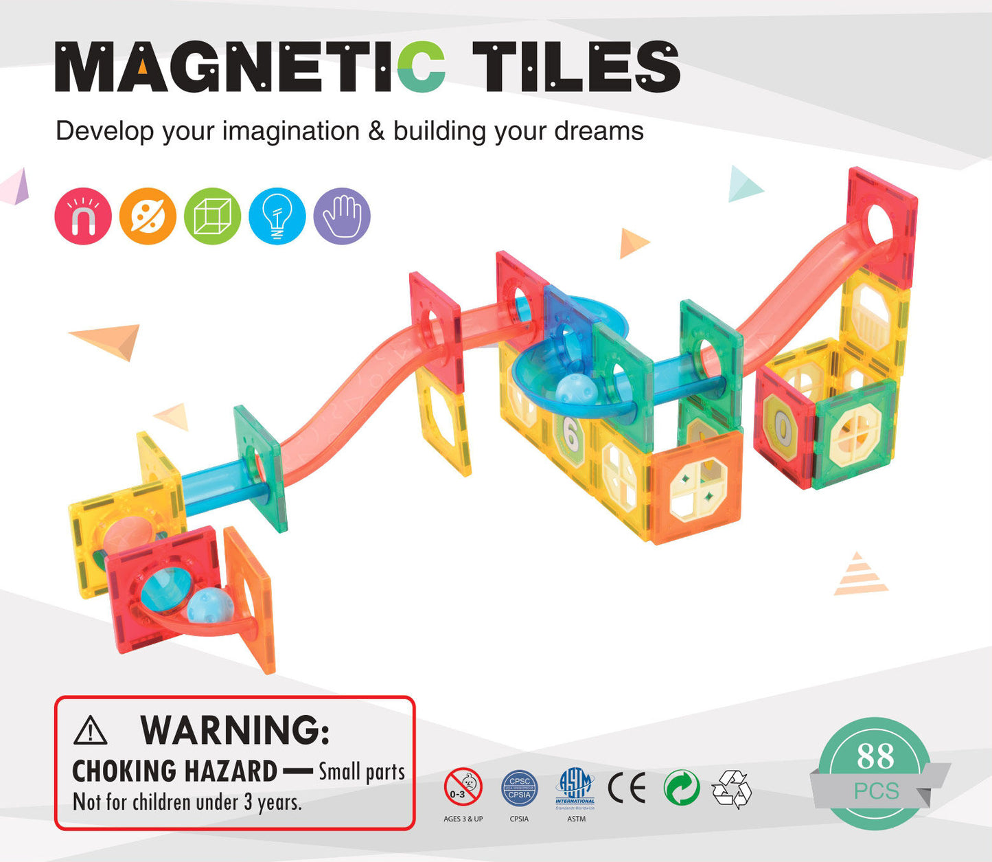 88 Pcs non-toxic STEM Educational, Durable Magnetic Tiles/Puzzle with Storage Bag - Bubbie and Bear