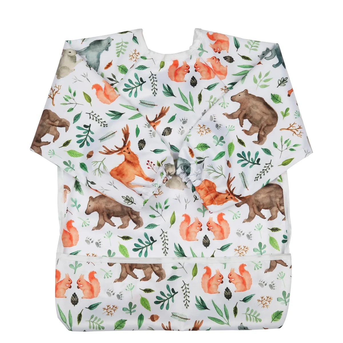 Baby Bib Feeding Waterproof Long Sleeve Shirt Toddler Painting Drawing With Pocket 1-3 Years Old Bear and Squirrel