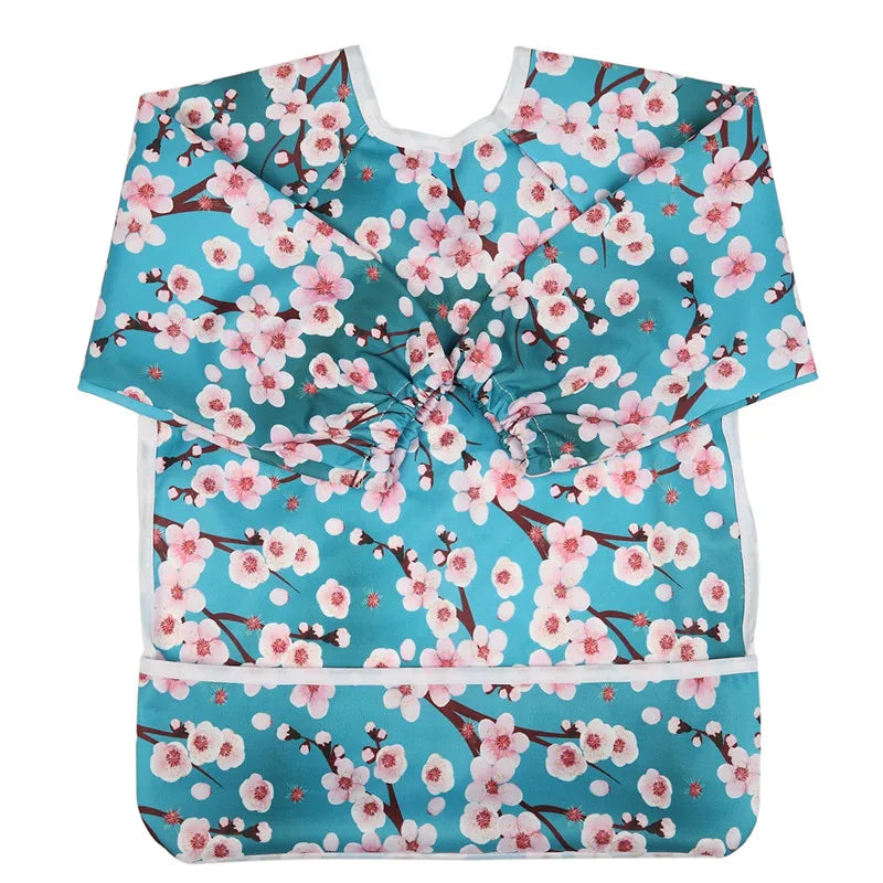 Baby Bib Feeding Waterproof Long Sleeve Shirt Toddler Painting Drawing With Pocket 1-3 Years Old Cherry Blossom