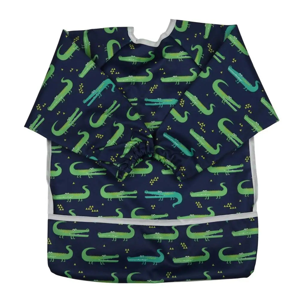Baby Bib Feeding Waterproof Long Sleeve Shirt Toddler Painting Drawing With Pocket 1-3 Years Old Crocodile