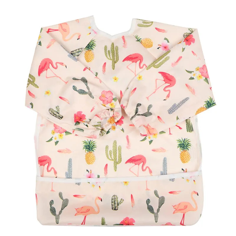 Baby Bib Feeding Waterproof Long Sleeve Shirt Toddler Painting Drawing With Pocket 1-3 Years Old Flamingo