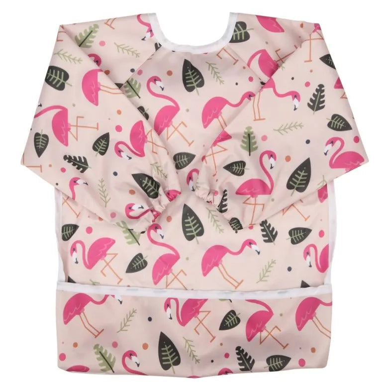 Baby Bib Feeding Waterproof Long Sleeve Shirt Toddler Painting Drawing With Pocket 1-3 Years Old Flamingo Leaf