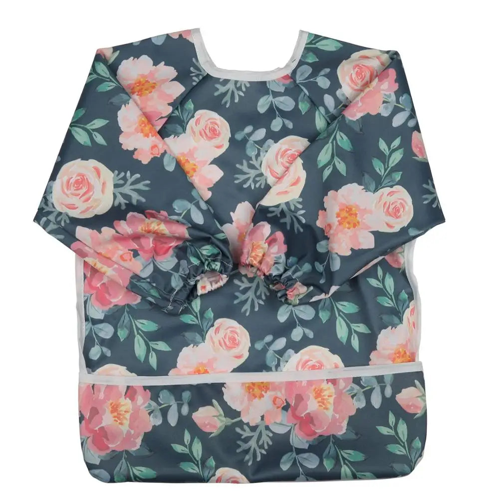 Baby Bib Feeding Waterproof Long Sleeve Shirt Toddler Painting Drawing With Pocket 1-3 Years Old Floral