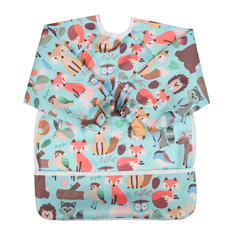 Baby Bib Feeding Waterproof Long Sleeve Shirt Toddler Painting Drawing With Pocket 1-3 Years Old Fox and Friends