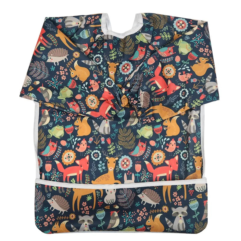 Baby Bib Feeding Waterproof Long Sleeve Shirt Toddler Painting Drawing With Pocket 1-3 Years Old Fox and Friends Black
