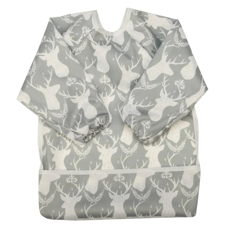 Baby Bib Feeding Waterproof Long Sleeve Shirt Toddler Painting Drawing With Pocket 1-3 Years Old Grey Deer