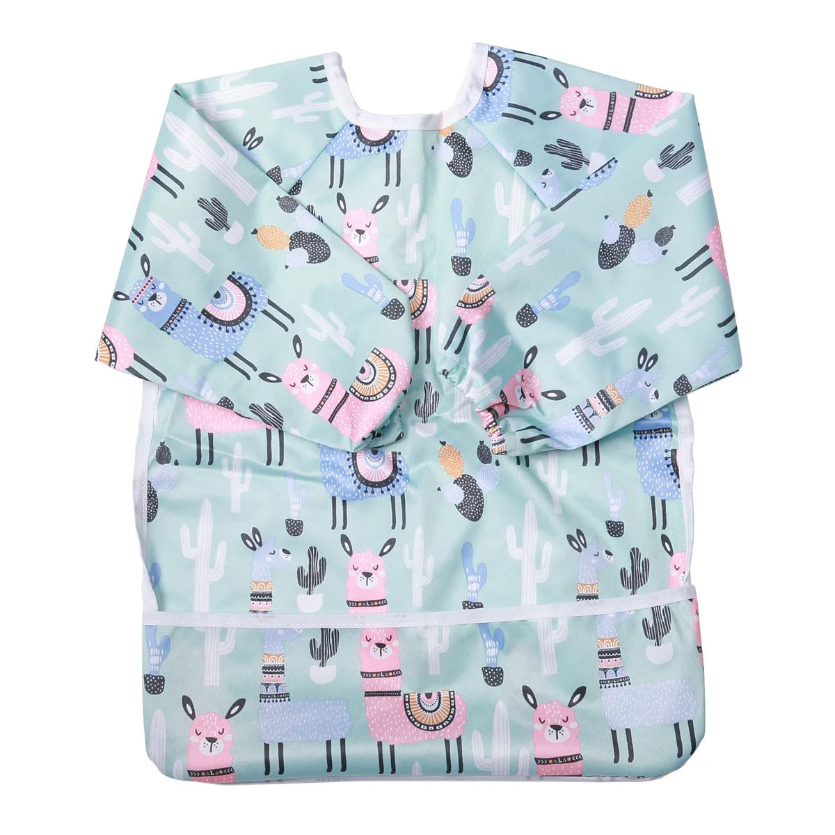 Baby Bib Feeding Waterproof Long Sleeve Shirt Toddler Painting Drawing With Pocket 1-3 Years Old Lama Green