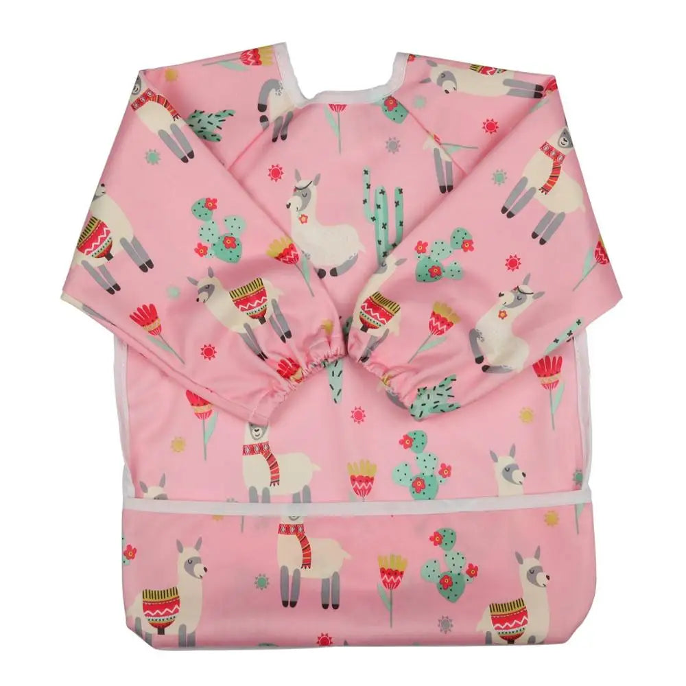 Baby Bib Feeding Waterproof Long Sleeve Shirt Toddler Painting Drawing With Pocket 1-3 Years Old Lama Pink