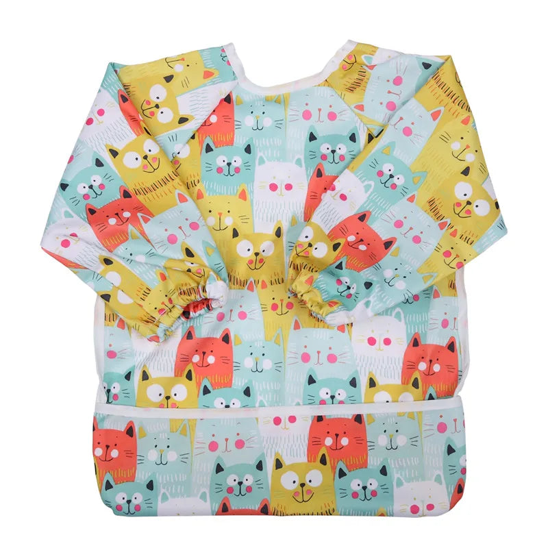 Baby Bib Feeding Waterproof Long Sleeve Shirt Toddler Painting Drawing With Pocket 1-3 Years Old Multicolor Cats