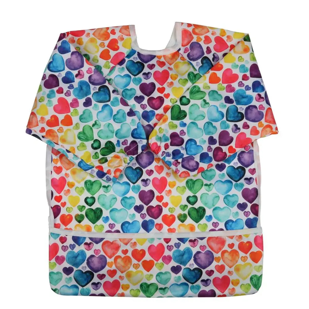 Baby Bib Feeding Waterproof Long Sleeve Shirt Toddler Painting Drawing With Pocket 1-3 Years Old Rainbow Hearts