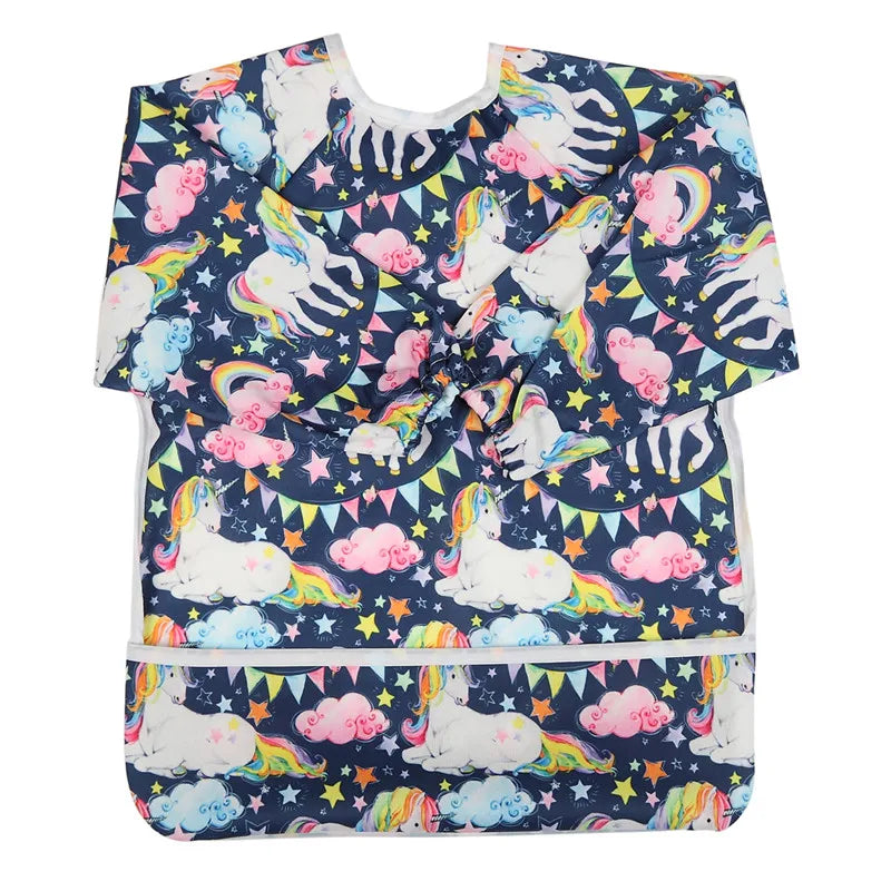 Baby Bib Feeding Waterproof Long Sleeve Shirt Toddler Painting Drawing With Pocket 1-3 Years Old Unicorn