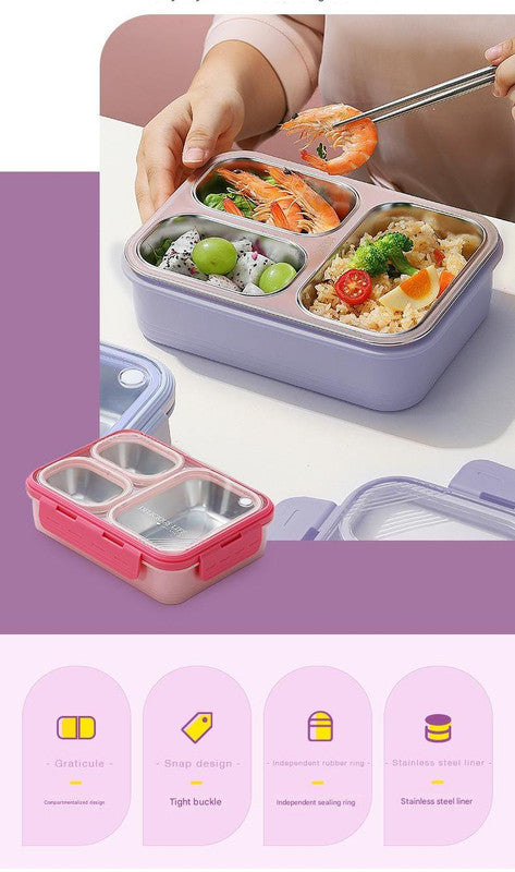 Pink 3-Compartment Stainless Steel Bento Lunch Box - Leak-Proof, for Kids & Adults for School & Office - Bubbie and Bear