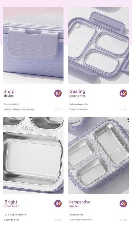 Pink 3-Compartment Stainless Steel Bento Lunch Box - Leak-Proof, for Kids & Adults for School & Office - Bubbie and Bear