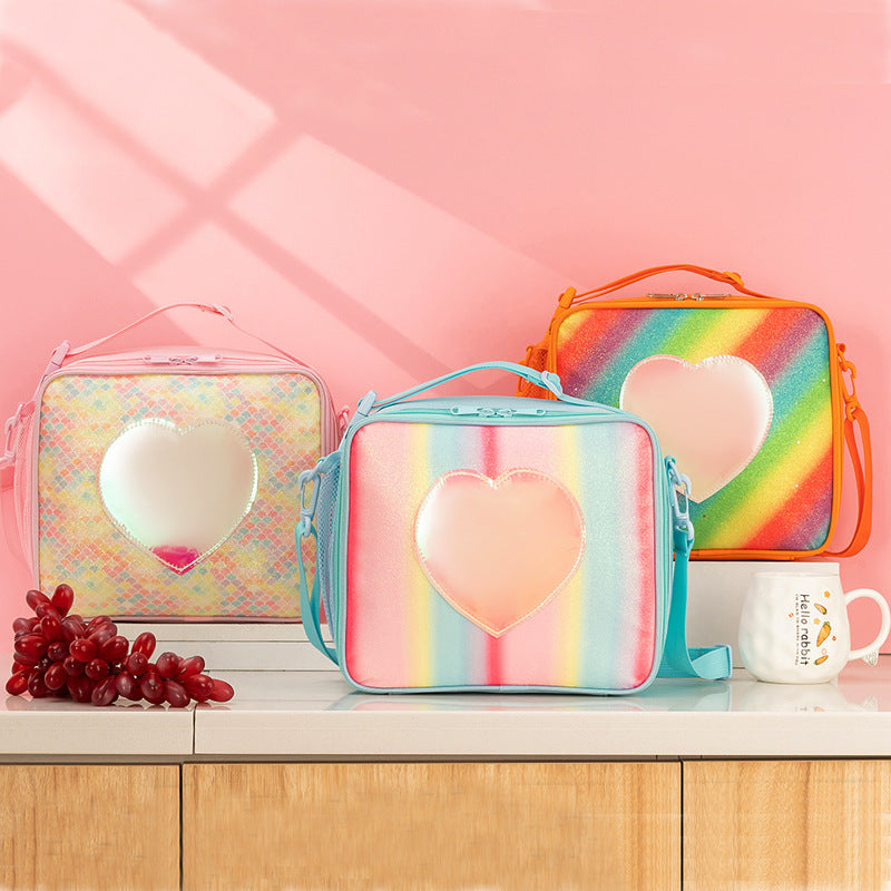 Blue Sparkling Rainbow Heart Insulated Lunch Bag for Kids - Portable School Lunch Box with Shoulder Strap - Bubbie and Bear