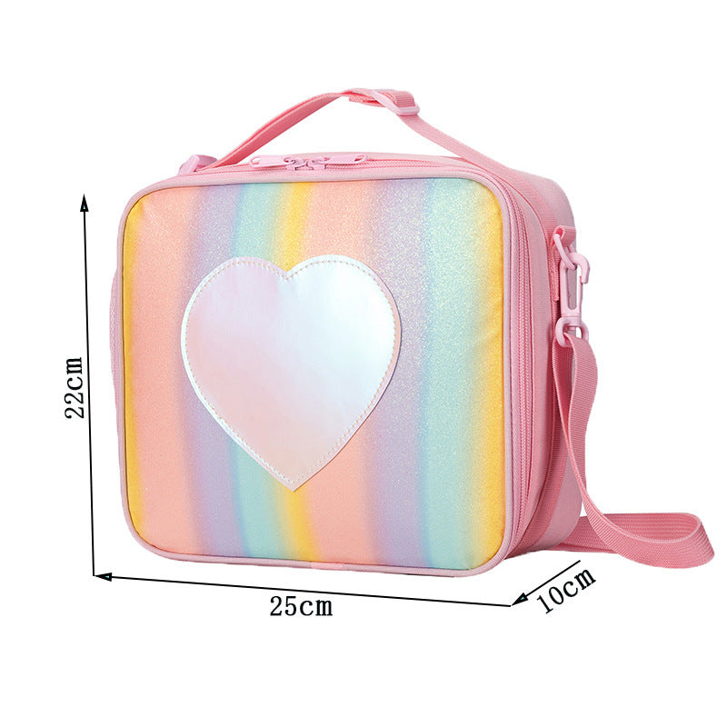 Blue Sparkling Rainbow Heart Insulated Lunch Bag for Kids - Portable School Lunch Box with Shoulder Strap - Bubbie and Bear