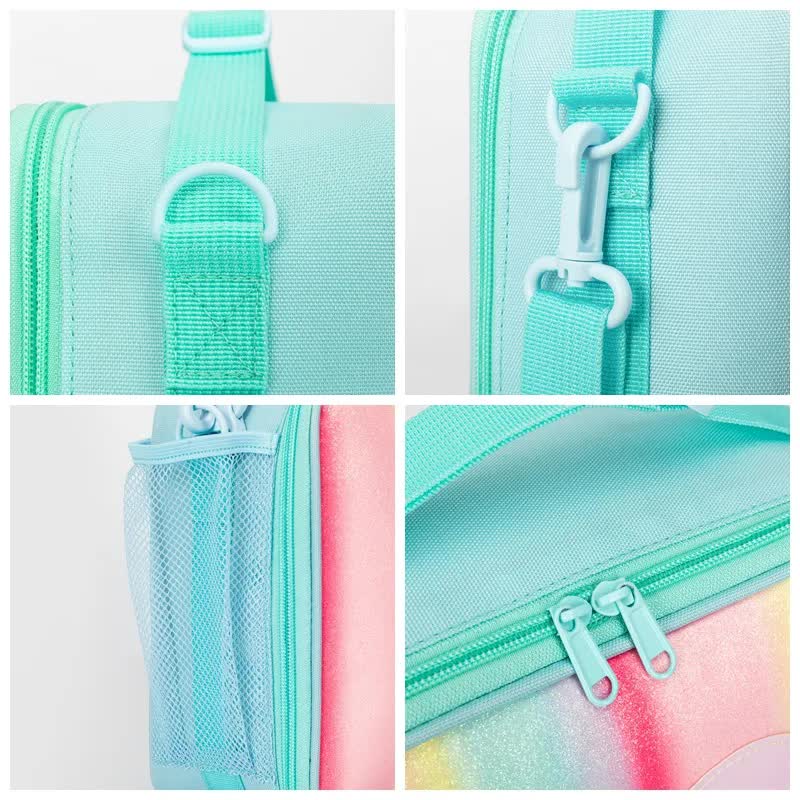 Blue Sparkling Rainbow Heart Insulated Lunch Bag for Kids - Portable School Lunch Box with Shoulder Strap - Bubbie and Bear