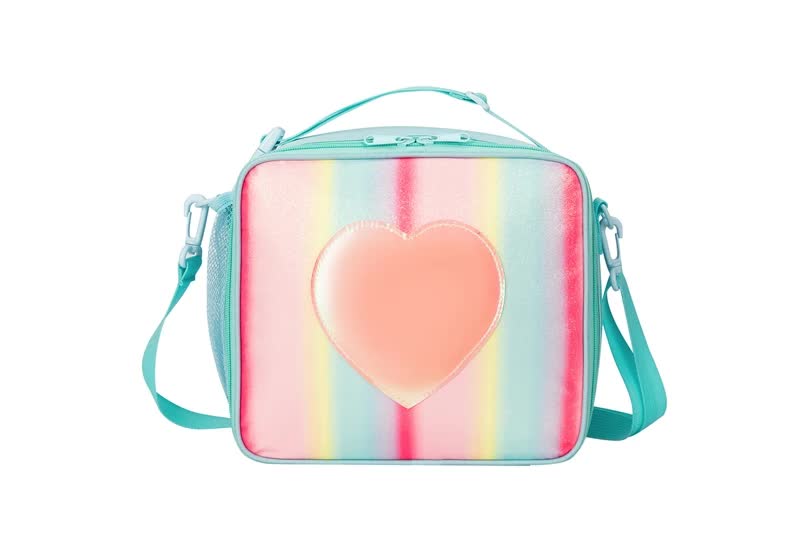 Pink Sparkling Rainbow Heart Insulated Lunch Bag for Kids - Portable School Lunch Box with Shoulder Strap - Bubbie and Bear
