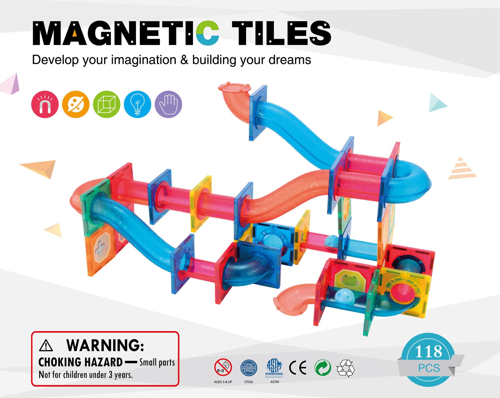 118 Pcs non-toxic STEM Educational, Durable Magnetic Tiles/Puzzle with Storage Bag - Bubbie and Bear