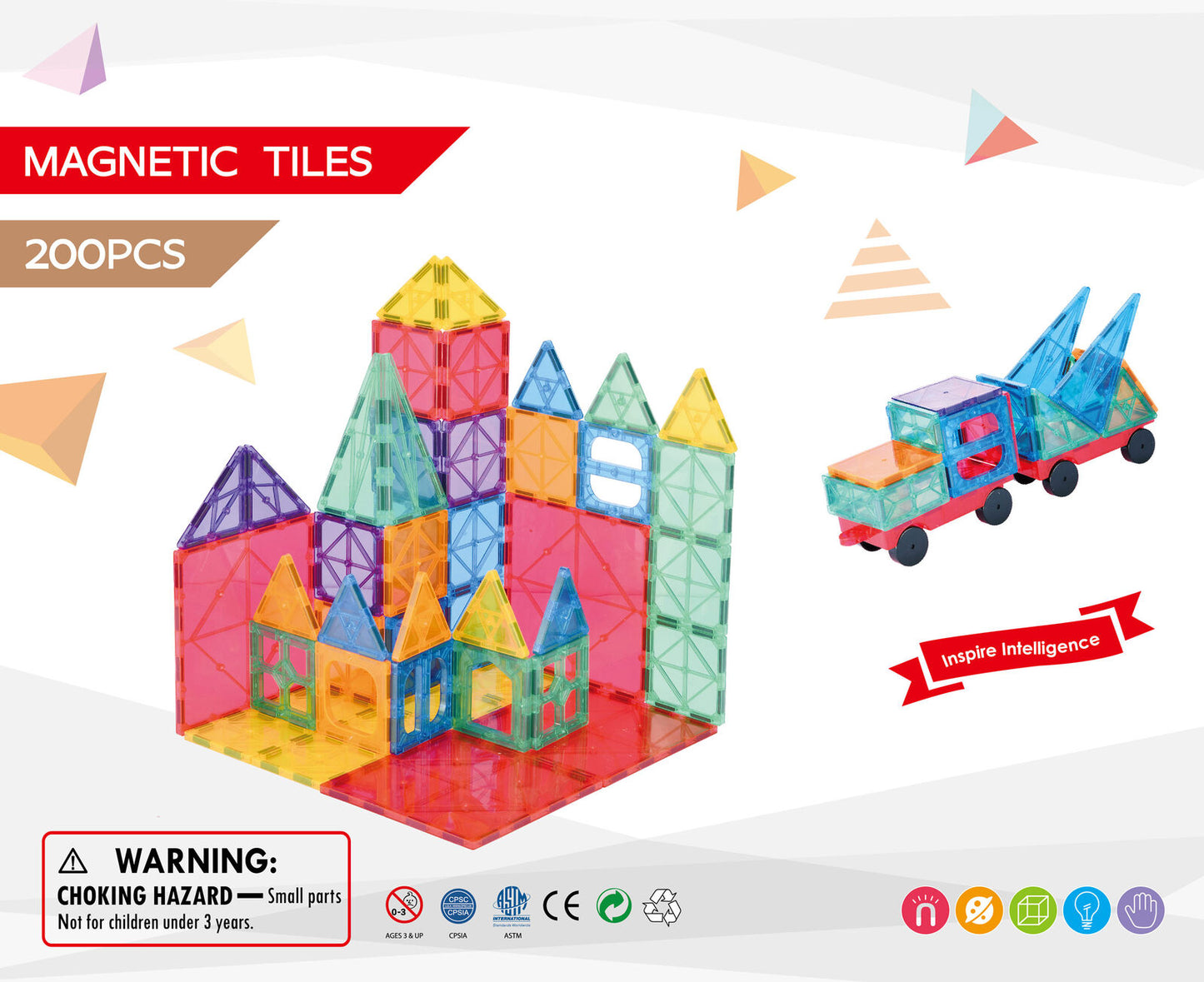 200 Pcs non-toxic STEM Educational, Durable Magnetic Tiles/Puzzle with Storage Bag - Bubbie and Bear