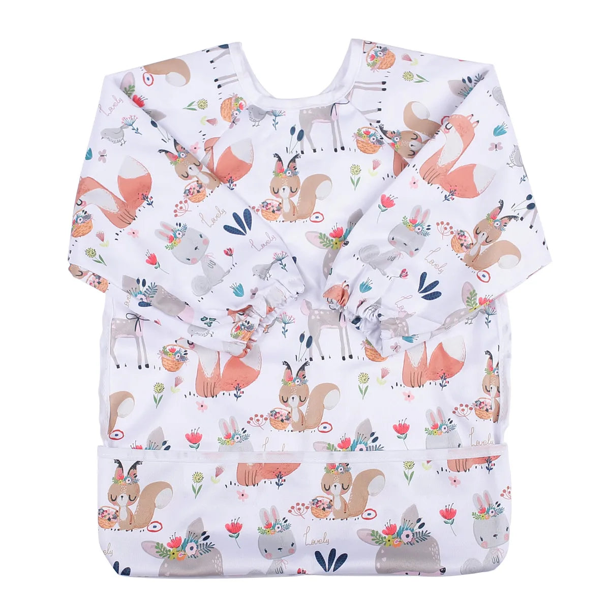 Baby Bib Feeding Waterproof Long Sleeve Shirt Toddler Painting Drawing With Pocket 1-3 Years Old Squirrel and Bunny