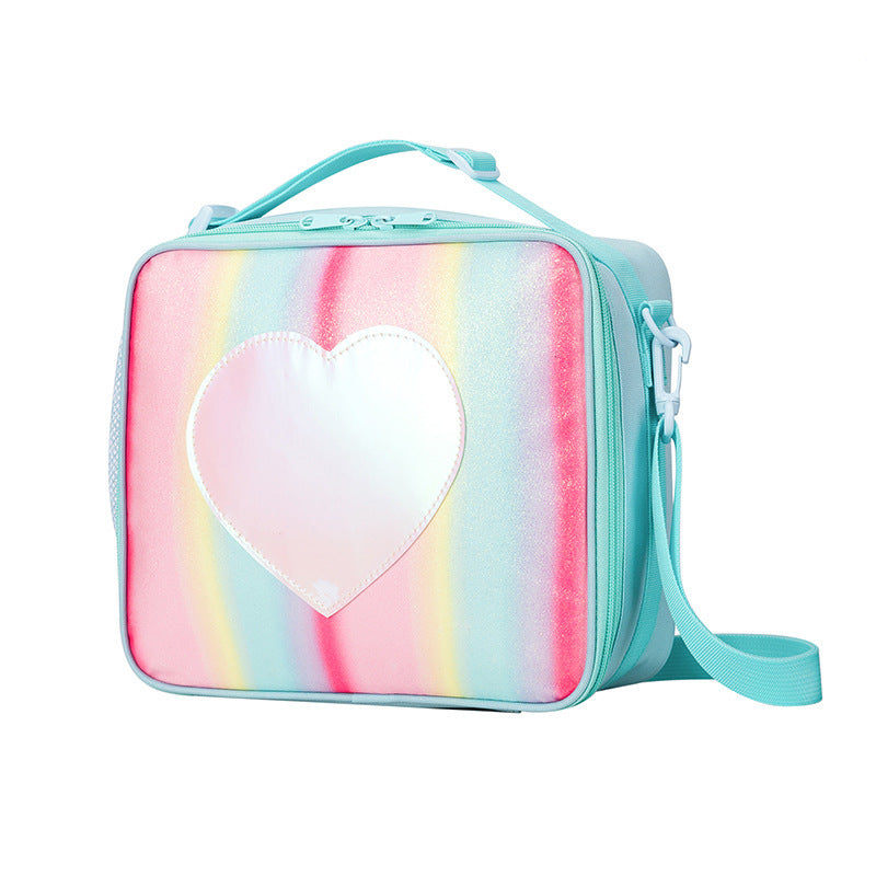 Blue Sparkling Rainbow Heart Insulated Lunch Bag for Kids - Portable School Lunch Box with Shoulder Strap - Bubbie and Bear