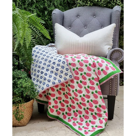 GOTS Certified Organic Cotton Reversible Baby Quilt (100x120cm) - Pink Pineapple - Bubbie and Bear
