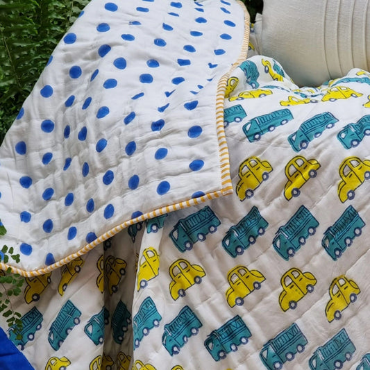 GOTS Certified Organic Cotton Reversible Baby Quilt (100x120cm) - Yellow Cars - Bubbie and Bear