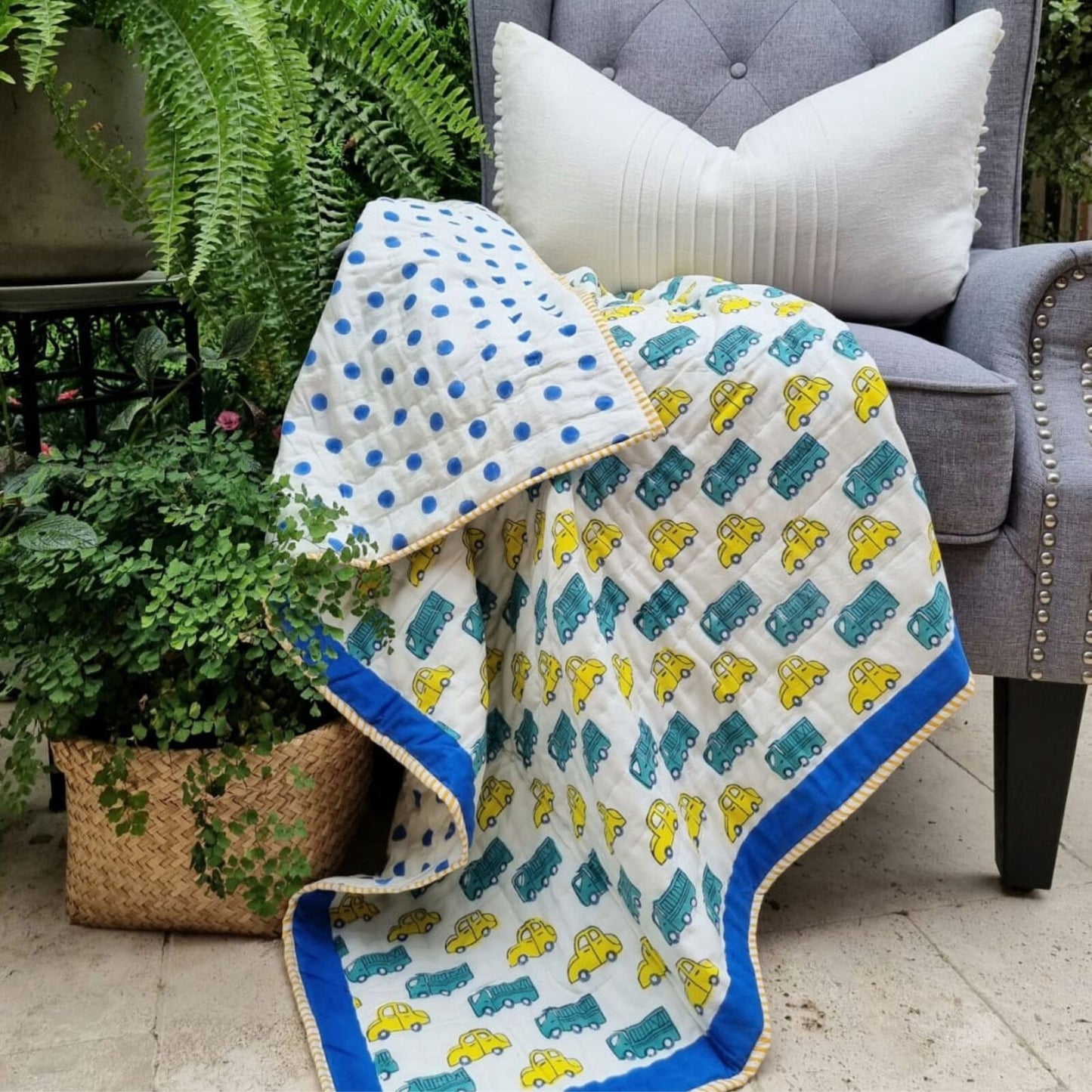 GOTS Certified Organic Cotton Reversible Baby Quilt (100x120cm) - Yellow Cars - Bubbie and Bear