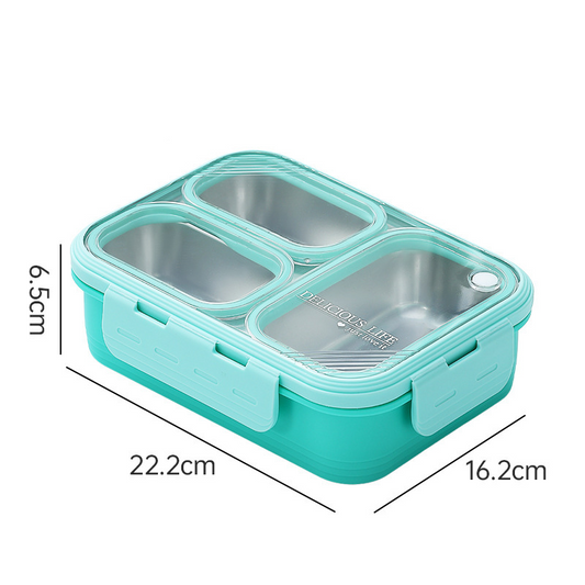 Green 3-Compartment Stainless Steel Bento Lunch Box - Leak-Proof, for Kids & Adults for School & Office - Bubbie and Bear