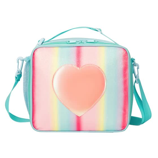 Blue Sparkling Rainbow Heart Insulated Lunch Bag for Kids - Portable School Lunch Box with Shoulder Strap - Bubbie and Bear
