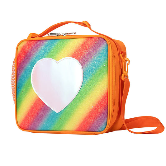 Orange Sparkling Rainbow Heart Insulated Lunch Bag for Kids - Portable School Lunch Box with Shoulder Strap - Bubbie and Bear
