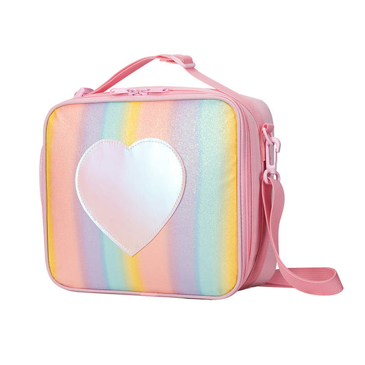 Pink Sparkling Rainbow Heart Insulated Lunch Bag for Kids - Portable School Lunch Box with Shoulder Strap - Bubbie and Bear