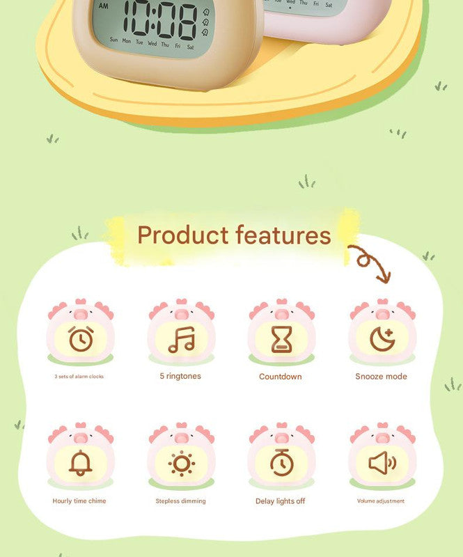 Cute Animal Digital Alarm Clock with Night Light, Temperature & Countdown Timer